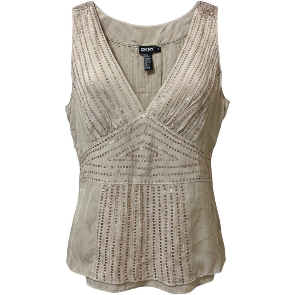 Vtg DKNY Size 10 Shirt Silk Sequin Designer Y2K Boho Party Shimmer Neutral Soft